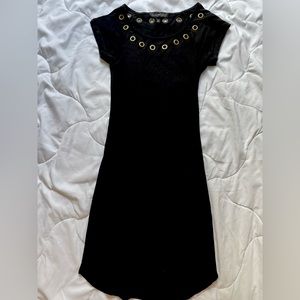 Black Ribbed Dress with Brass Ringed Neckline